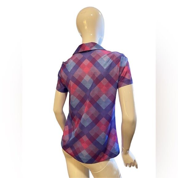 Vintage 70s Argyle Plaid Short Sleeve Blouse Medium Magenta, Bubblegum Pink - Picture 12 of 15